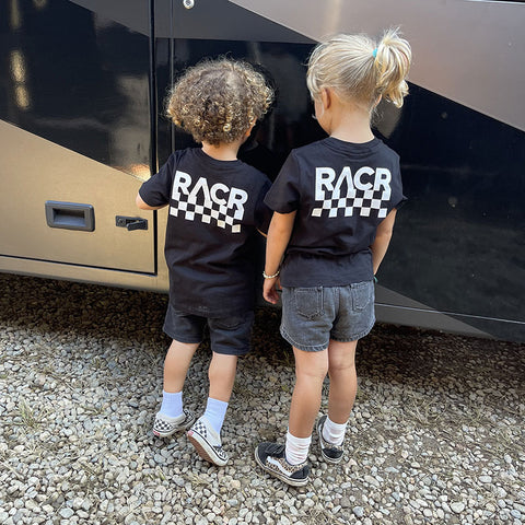Kids T-shirt RACR• Black Checked Flag NEW