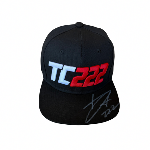 Signed Unisex Black Snapback Cap - TC222 White and Red Logo
